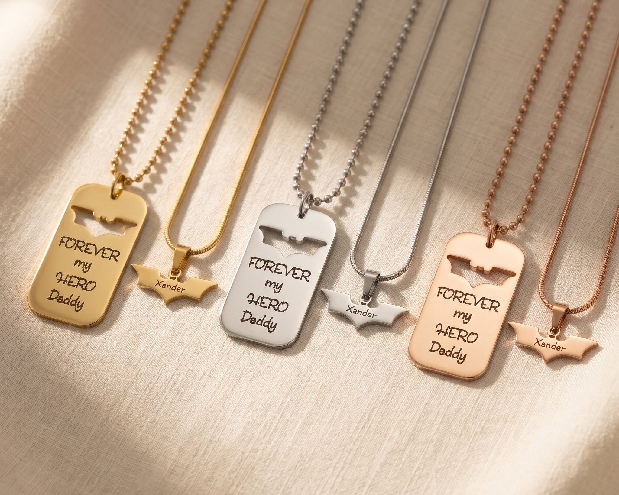 Father and son matching bat dog tag necklaces in gold, silver and rose gold personalised keepsake jewellery