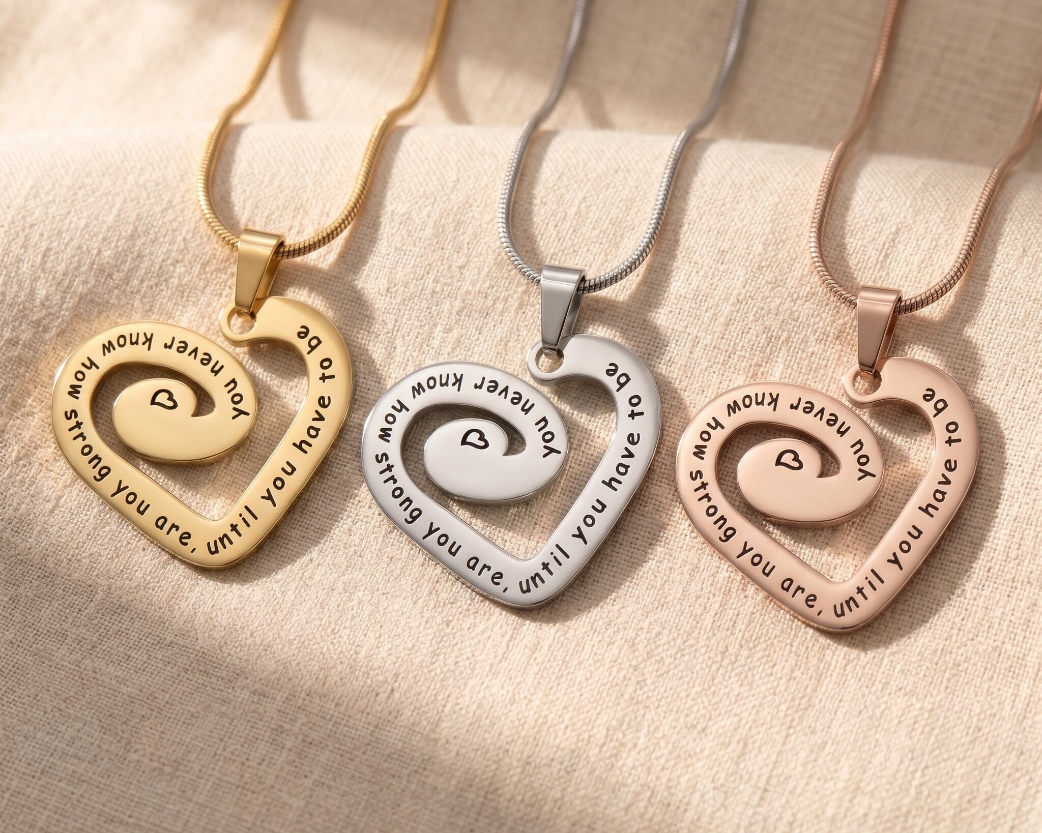 Swirl of my heart necklace tone comparison showing gold, silver and rose gold sentimental jewellery finishes