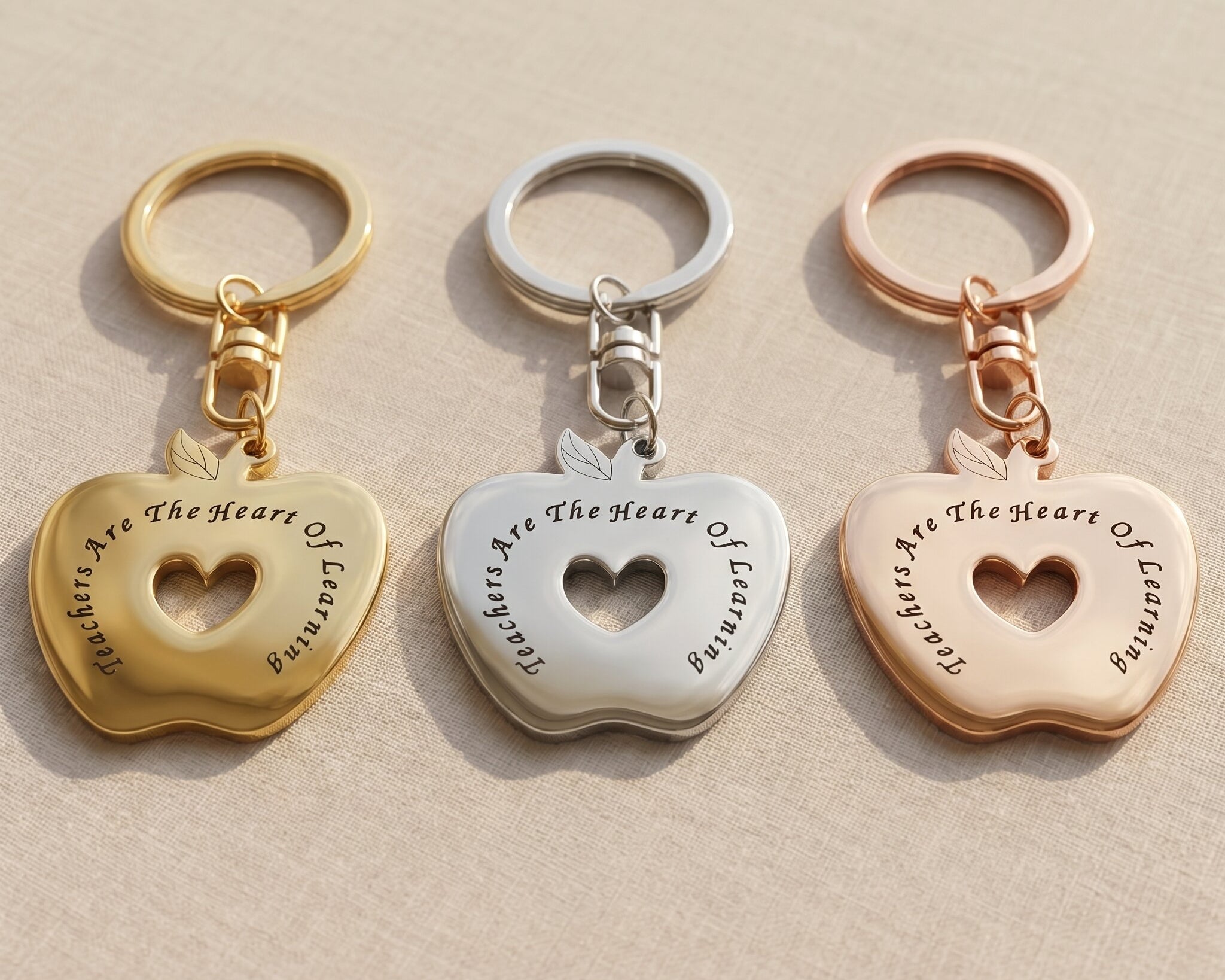 Teacher keyring tone comparison showing gold, silver and rose gold appreciation gift finishes