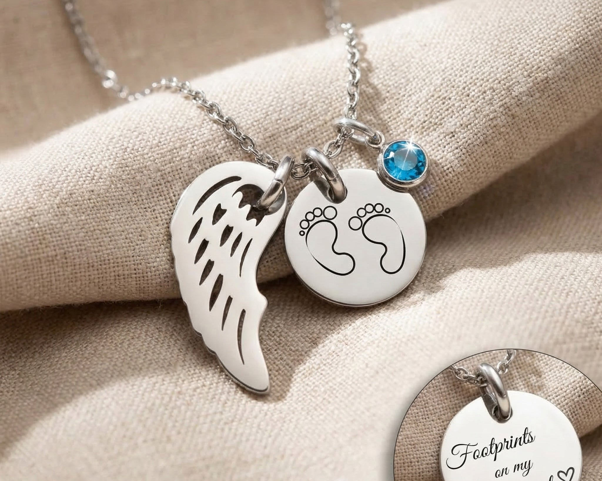 Tokens of Love Necklace with birthstone and angel wing charm, personalised keepsake necklace