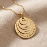 Tower of love necklace in gold with layered engraved discs, meaningful mother keepsake jewellery gift
