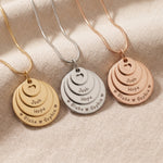 Tower of love necklace tone comparison showing gold, silver and rose gold layered disc keepsake designs