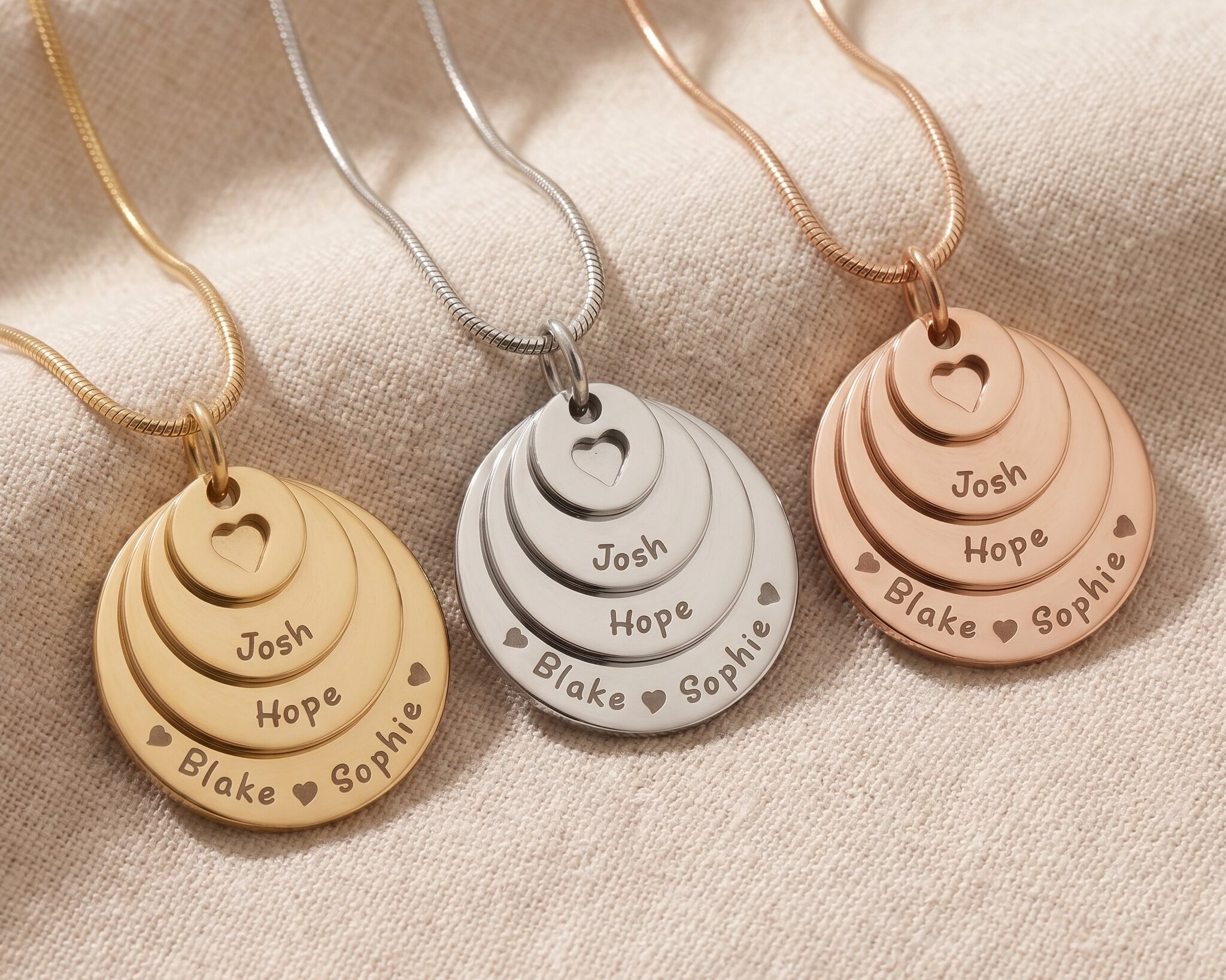 Tower of love necklace tone comparison showing gold, silver and rose gold layered disc keepsake designs