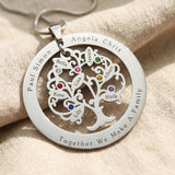 personalized tree of life necklace with engraved name on circle disc and 7 leaf design with birthstones
