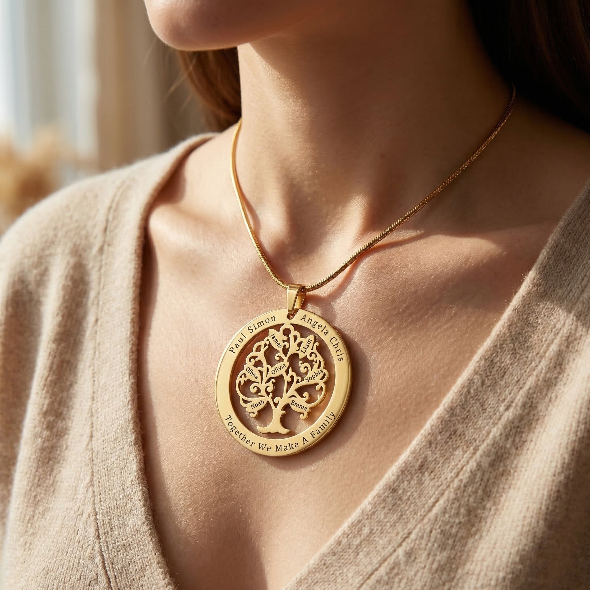 Tree of life necklace worn layered on neckline, symbolic and elegant design