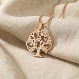 Tree of life necklace in rose gold with intricate tree detail, personalised jewellery