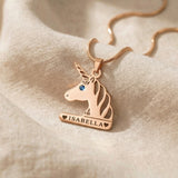 Unicorn head name necklace in rose gold with engraved name, charming kids jewellery