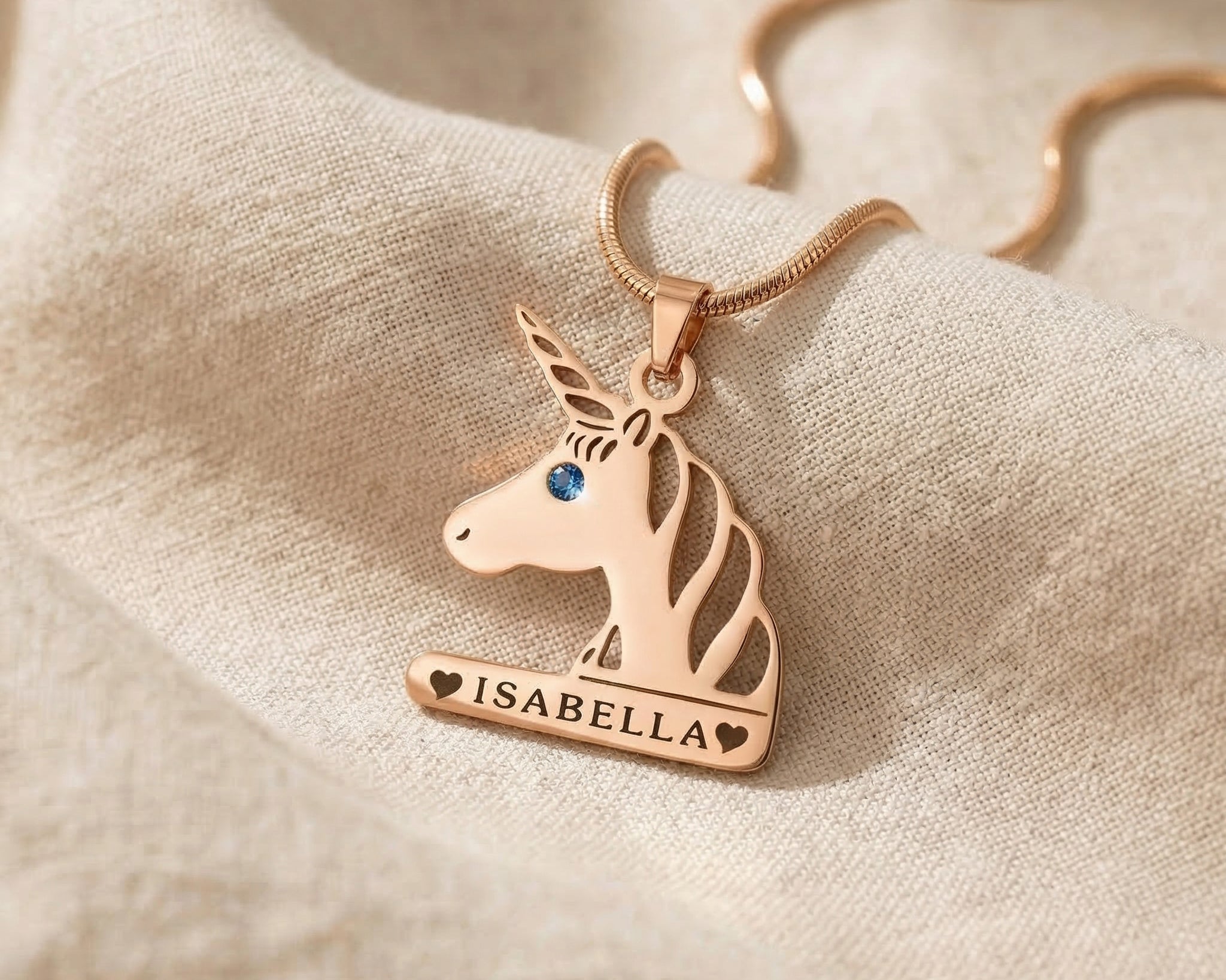Unicorn head name necklace in rose gold with engraved name, charming kids jewellery