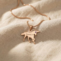 Unicorn name necklace in rose gold with engraved name, charming personalised design