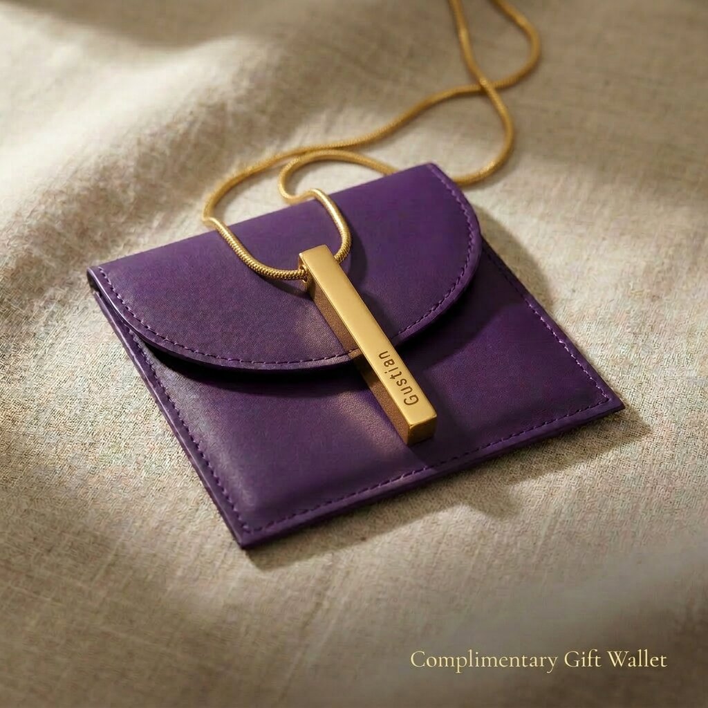 Vertical bar necklace presented in elegant jewelry gift wallet packaging