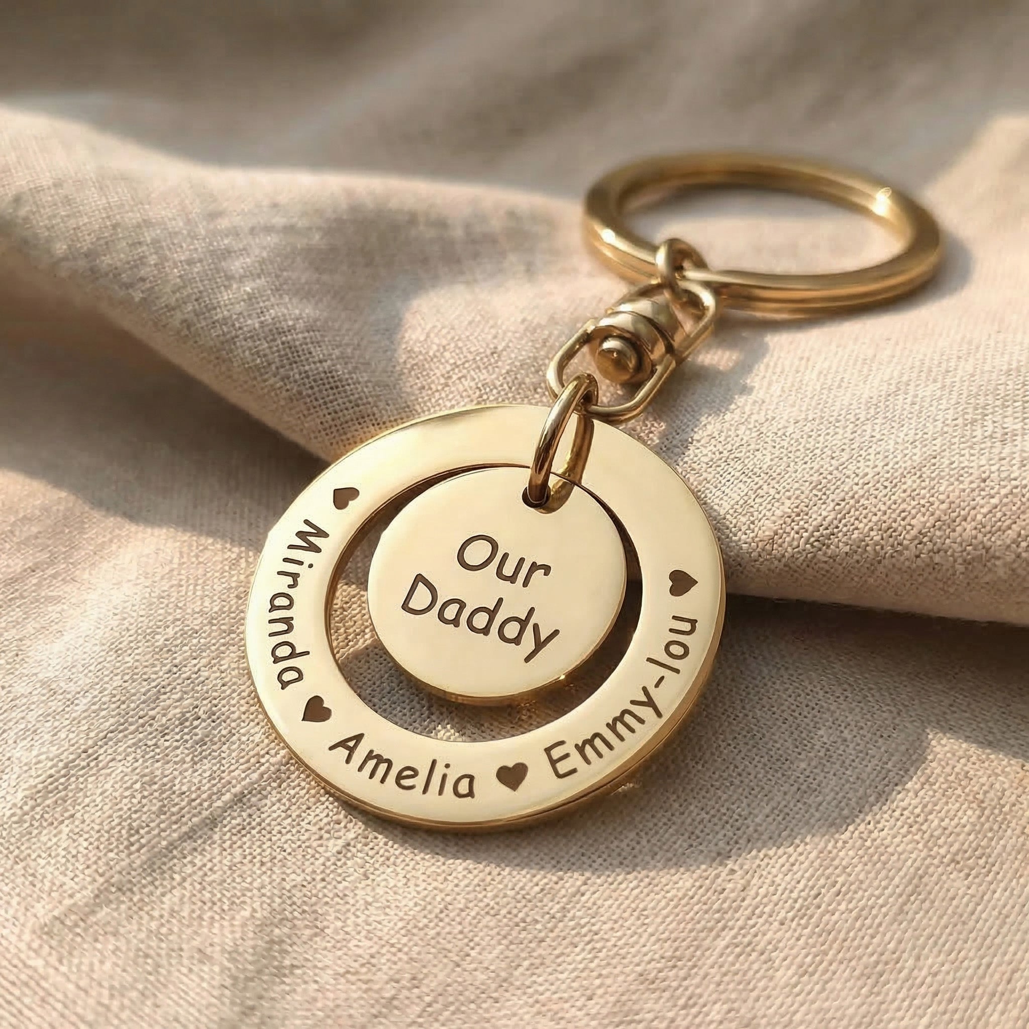 Washer Disc Keyring in gold with engraved message, personalised keepsake gift