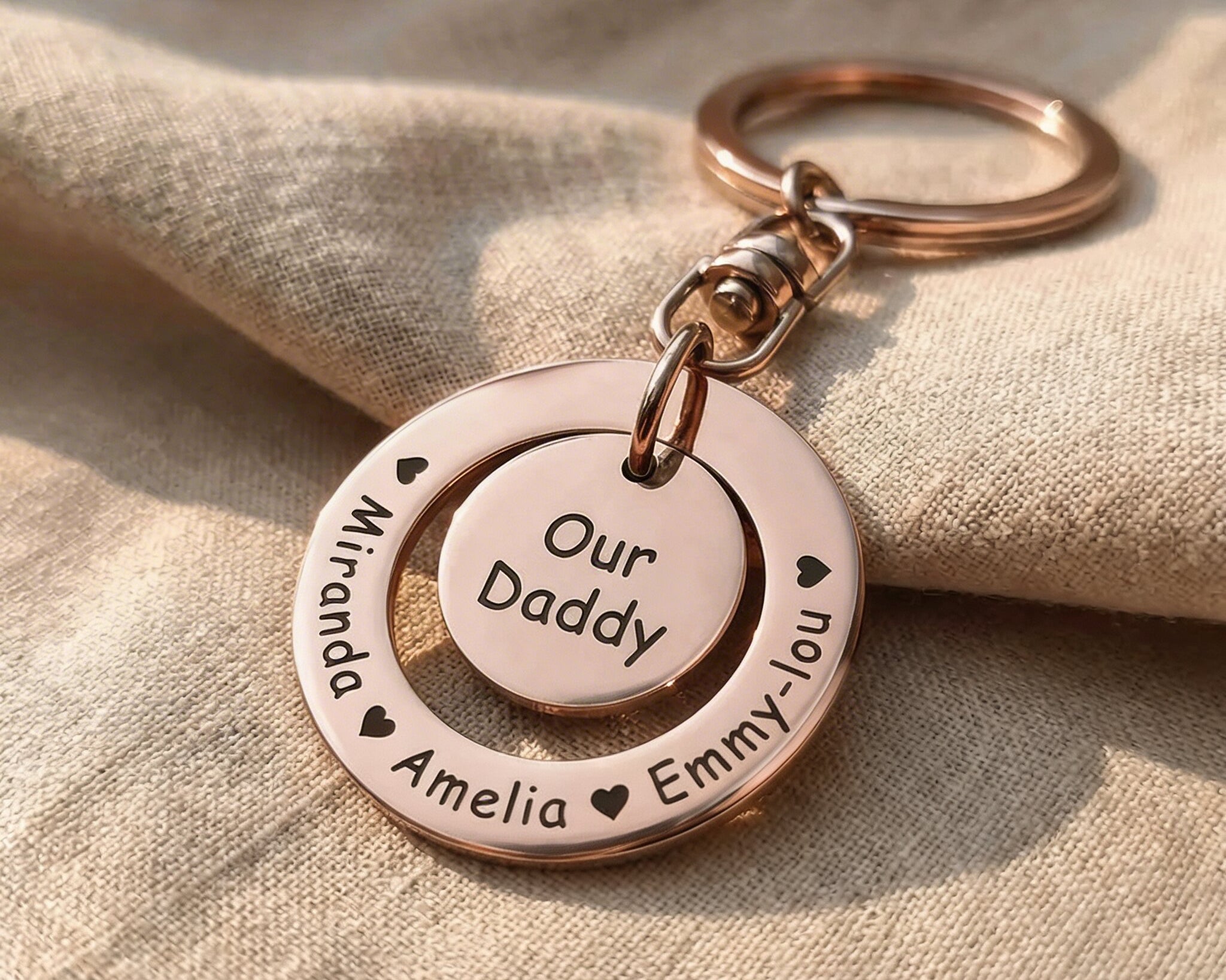 Washer Disc Keyring in rose gold with engraved message, personalised keepsake piece