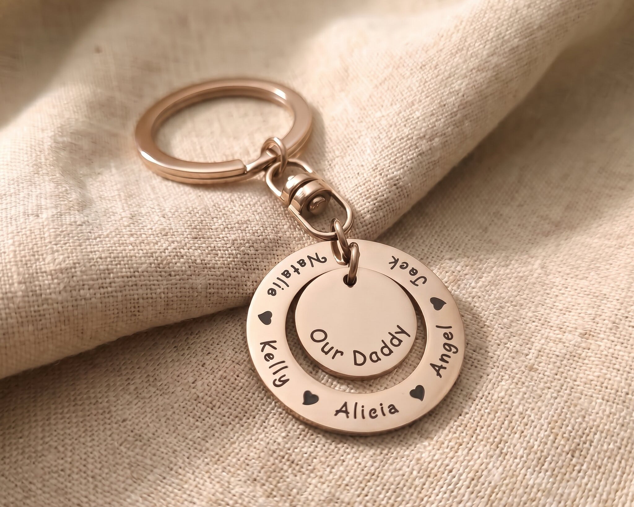 Washer Disc Keyring in rose gold with engraved message, personalised keepsake piece