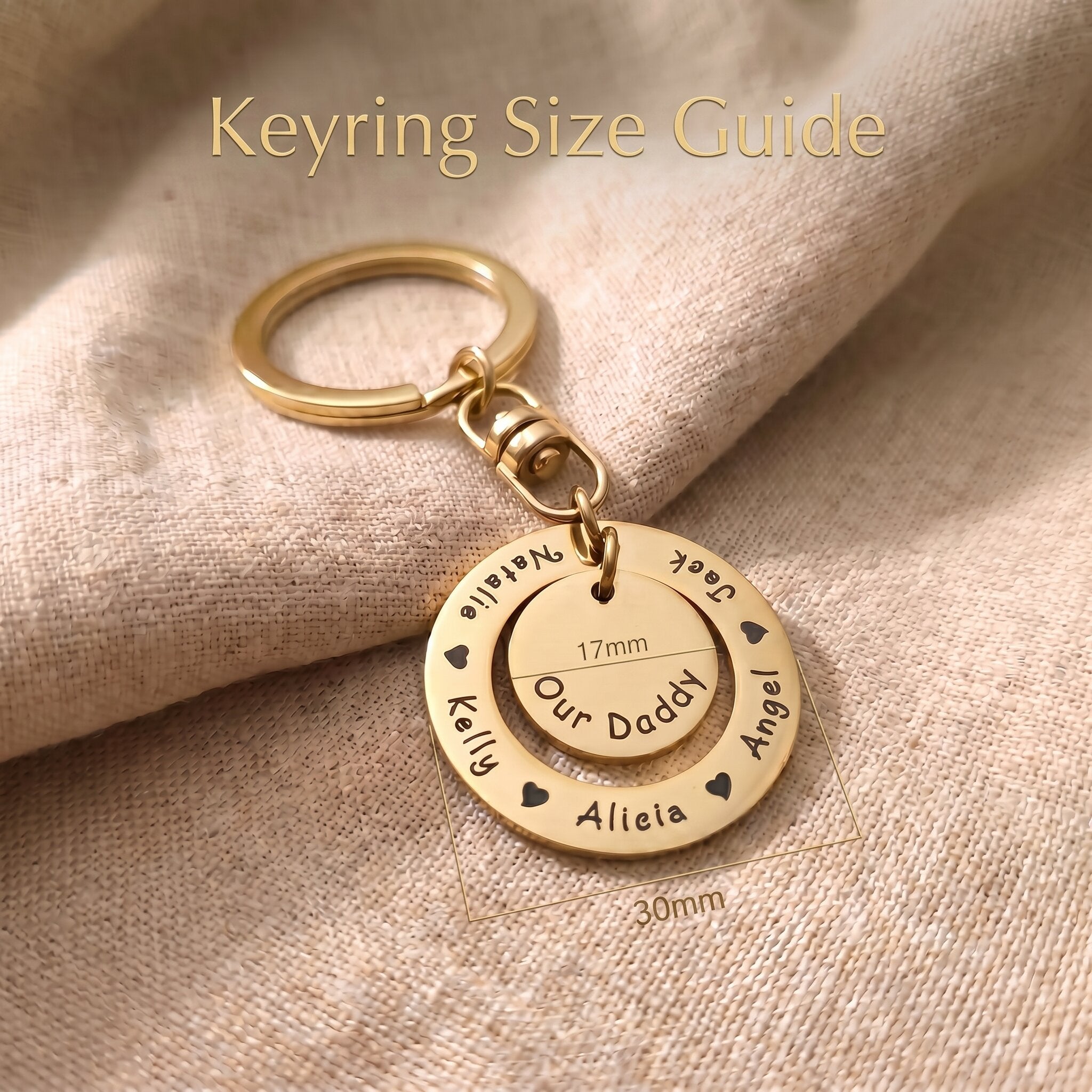 Washer Disc Keyring size guide showing disc dimensions and engraving layout details