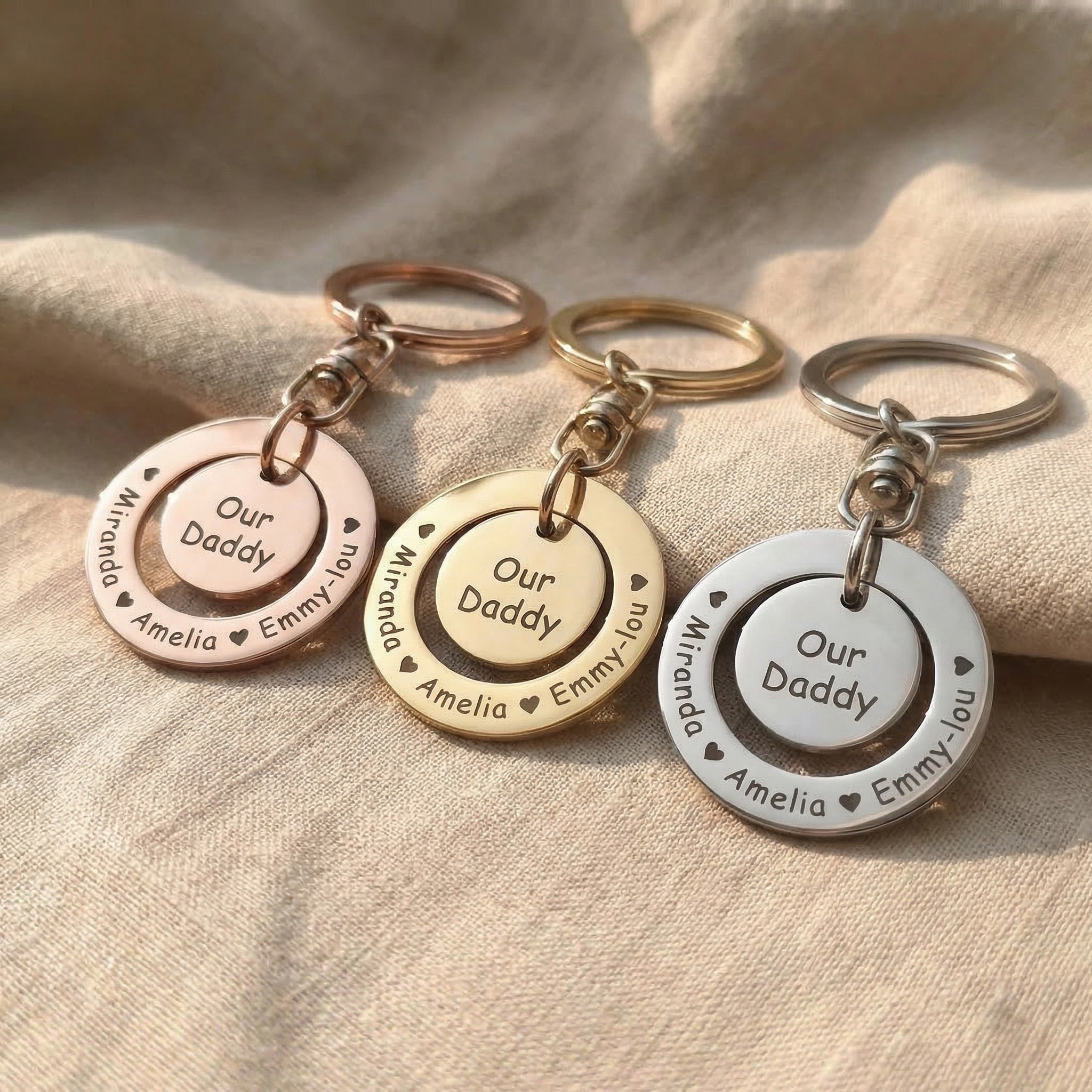 Washer Disc Keyring tone comparison showing gold, silver and rose gold engraved keyrings