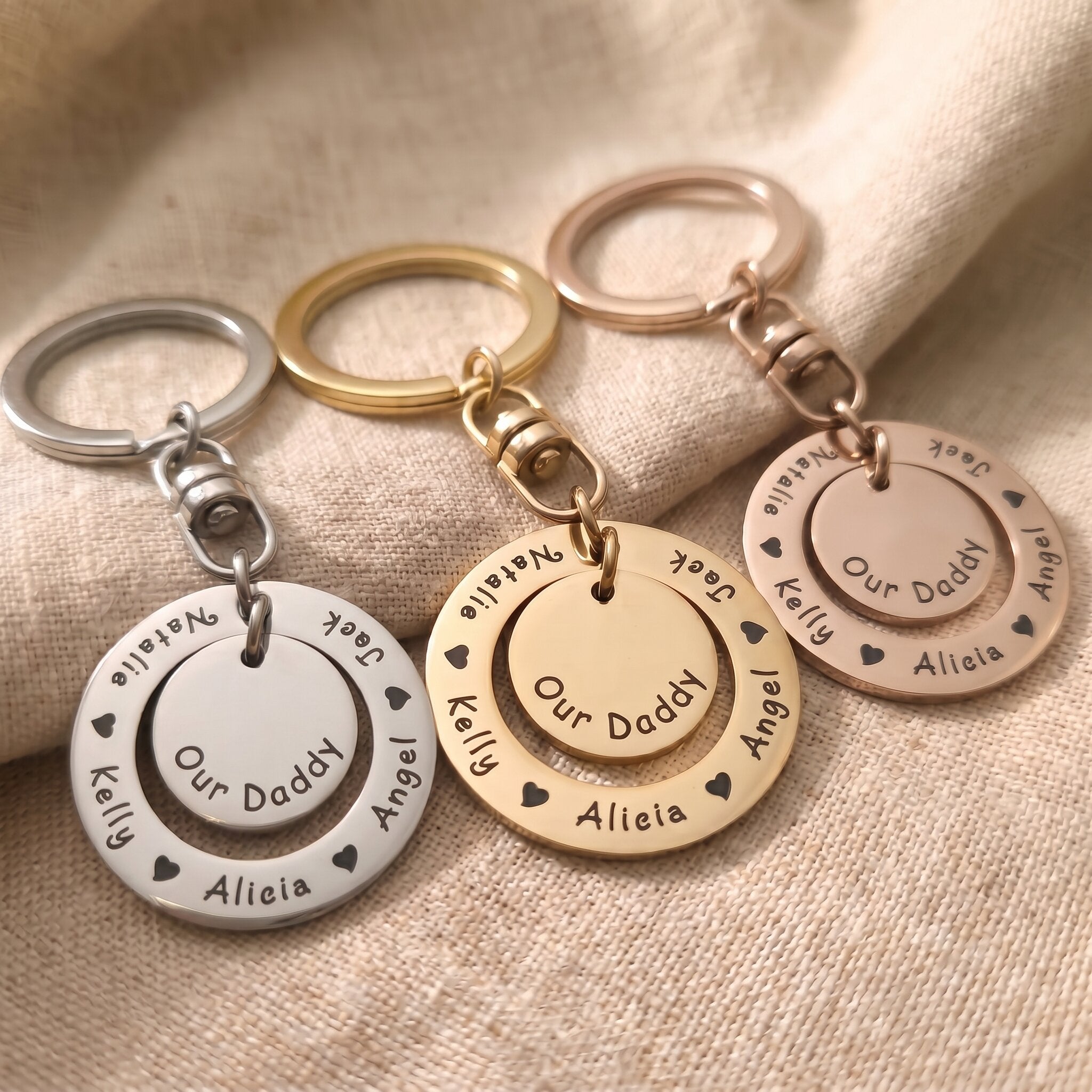 Washer Disc Keyring tone comparison showing gold, silver and rose gold engraved keyrings