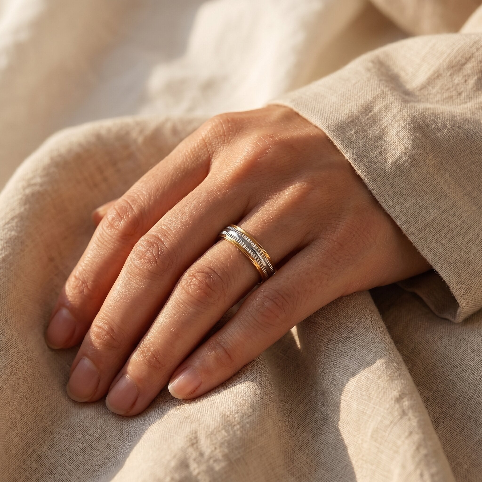 Woman wearing wisdom ring, refined minimalist jewellery for everyday wear and meaningful gifting