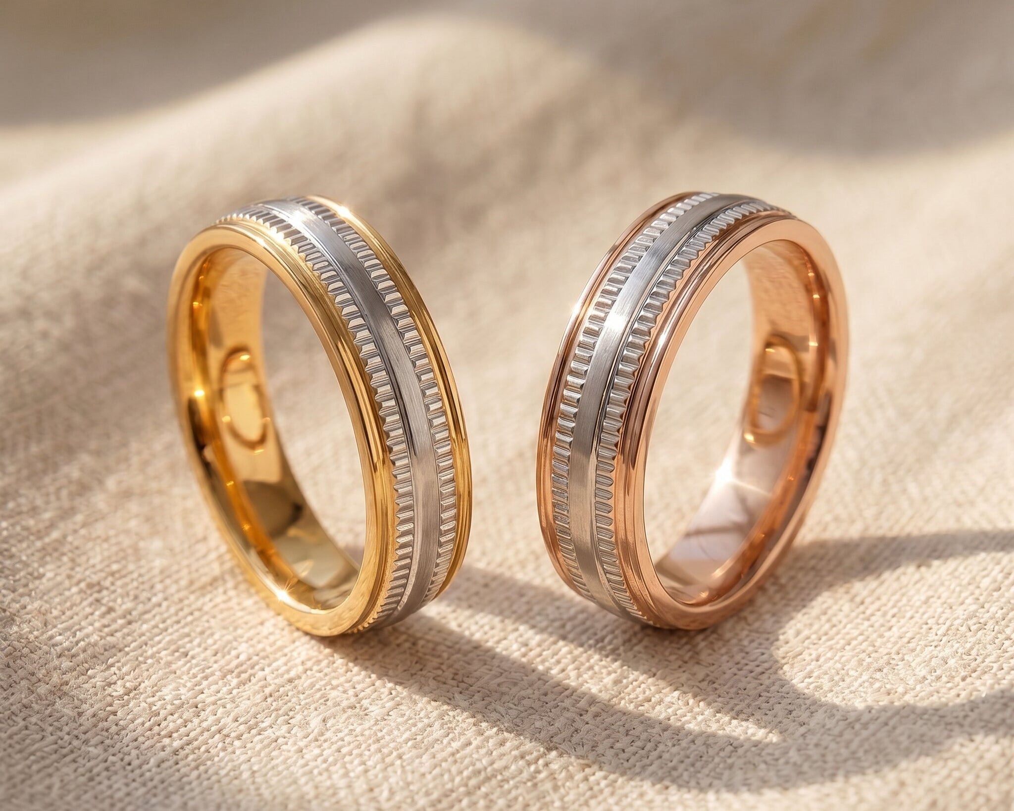 Wisdom ring tone comparison showing two tone gold and two tone rose gold elegant ring options