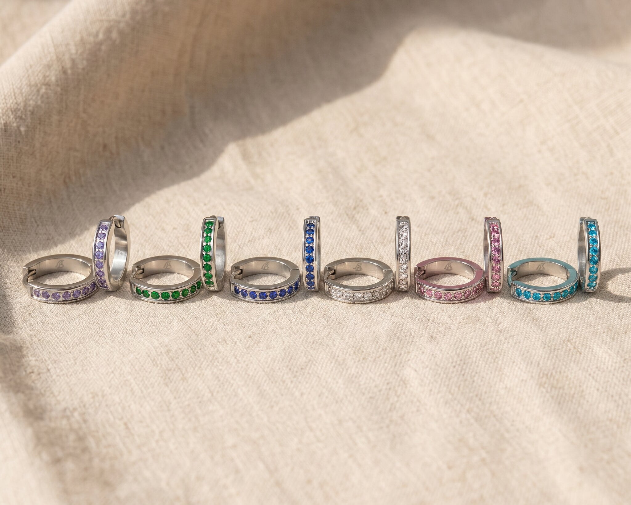 Zircon hoop earrings with multiple crystal colour options, elegant personalised jewellery choices