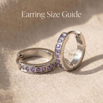 Zircon hoop earrings size guide showing hoop diameter and crystal stone detail proportions